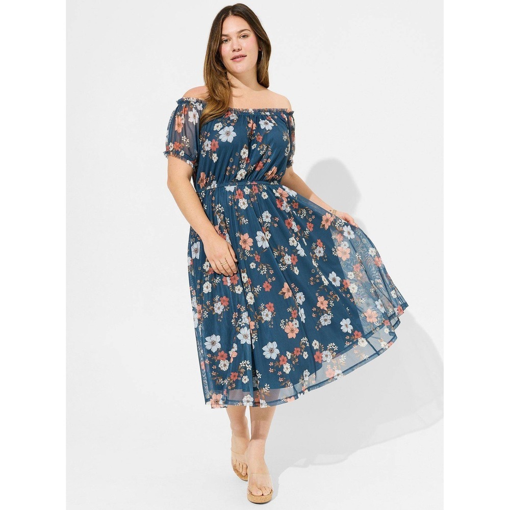 Torrid Midi Mesh Off the Shoulder Peasant Dress 4 Nolie Floral Blue Boho Cottage